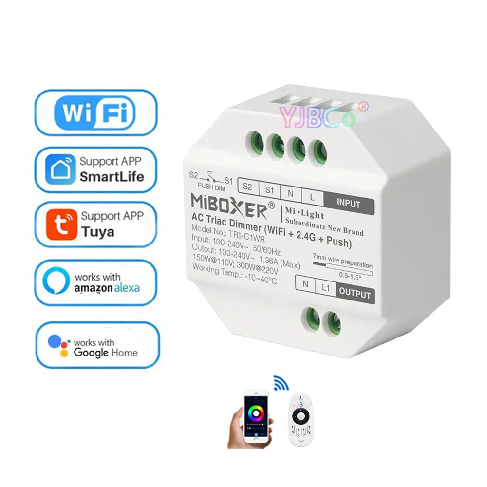 Miboxer Tuya WiFi + 2 4G Push AC Triac светодиодный диммер 110V 220V переключатель беспроводной пульт