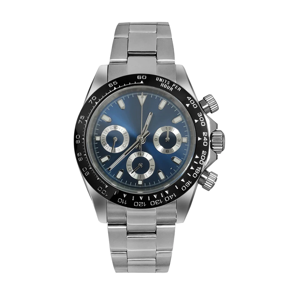 Men's Quartz Watch Chronograph Code Watch 39mm Steel Case Sapphire Glass + Steel Strap VK63 Movement