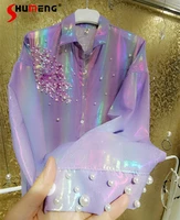 flash rhinestone bead flower sequin purple button up shirt harajuku 2022 fairy streamer sun protection pearl blouses for women
