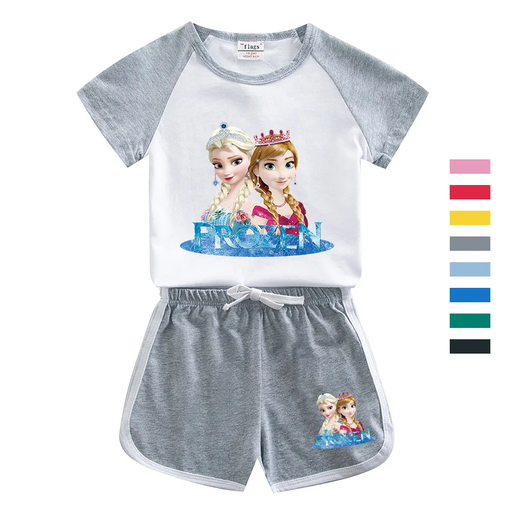 

Комплект детской одежды Эльза Анна Принцесса мультфильм детский летний костюм для девочек Повседневная футболка с коротким рукавом шорты 2 шт. спортивный костюм