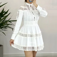 women fashion chic white dress mesh hollow out patchwork high waist casual dress spring summer stand collar a line ladies dress