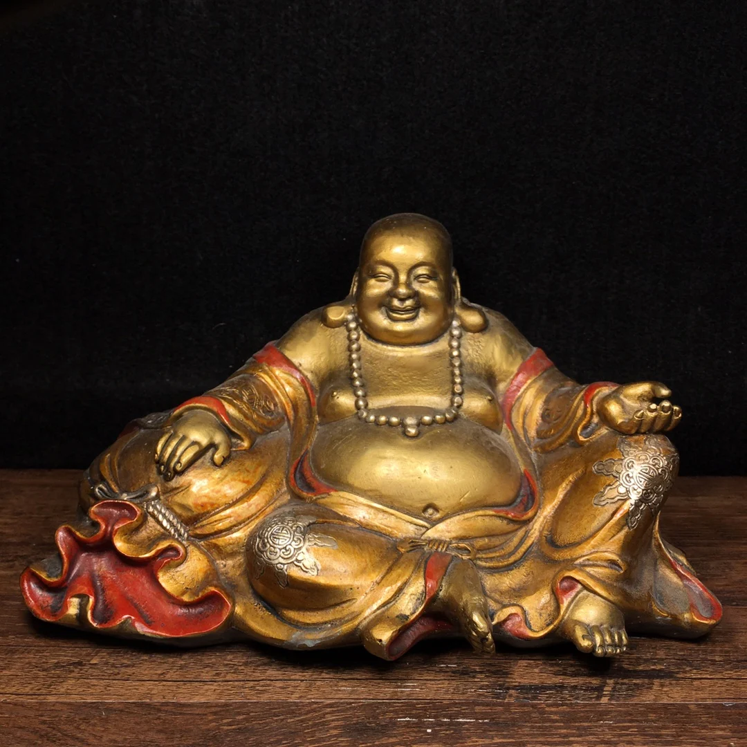 

9" Tibetan Temple Collection Old Bronze painted golden bag Maitreya Big Belly Buddha Gather fortune Sitting Buddha Town house