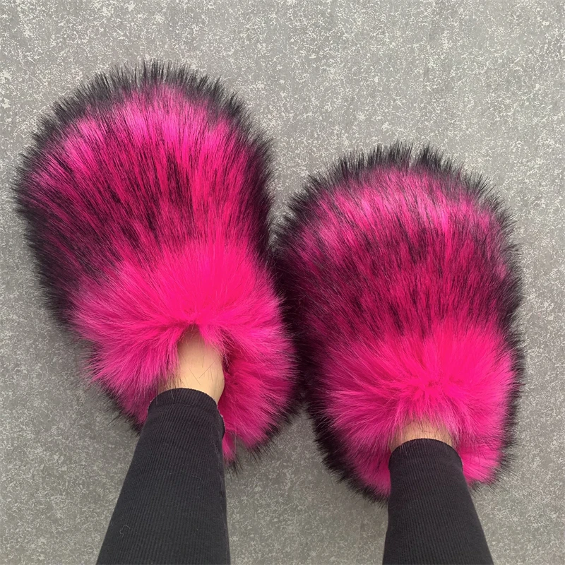 Spring Summer Women Plush Flat Shoes Outdoor Indoor Fashion Slippers Raccoon Fur Slides