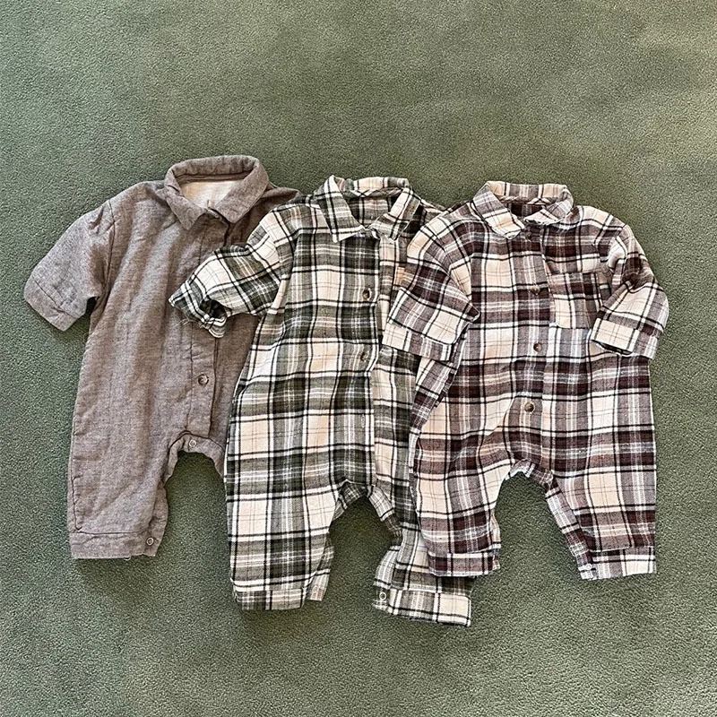 

4414C Baby Clothes Plaid Jumpsuit 2023 Spring Soft Cotton and Linen Checkered Boy's One Piece Clothes Climbing Clothes