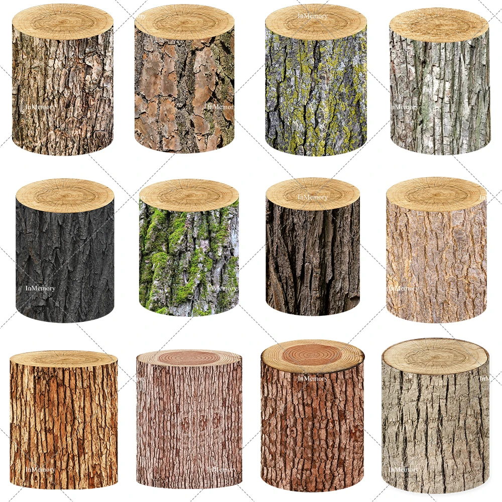 

Wood Stump Pedestal Cylinder Covers Customize Wooden Plinth Cover for Baby Shower Birthday Wedding Party Decor Cake Table Banner