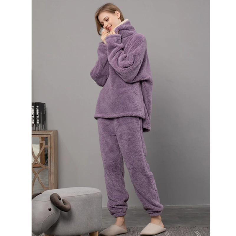 

Thick Women Winter Pajama 2 Pieces Set Long Sleeve Warm Lady Turn Down Collar Soft Sleepwear Homesuit Pyjama For Female 2023