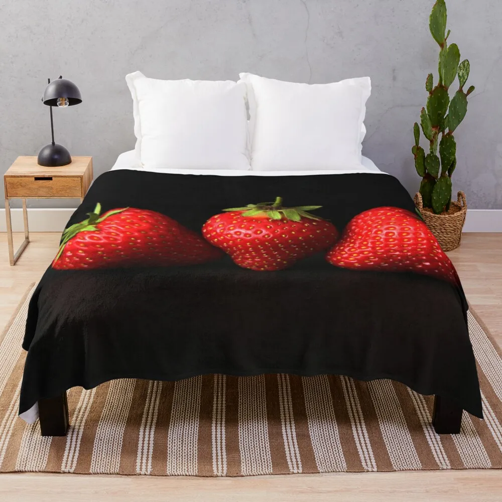 

Three Strawberries On Black Throw Blanket Beach Blanket Couple Sheep Wool Blanket Semi-Toral Blanket Flannel Fabric