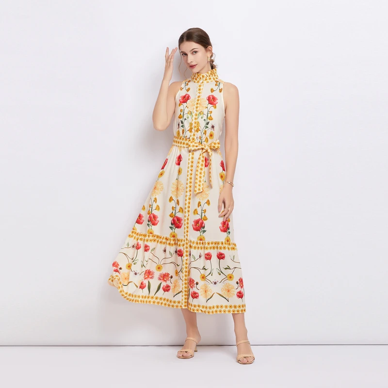

Summer Runway Vacation Dress Women's Stand Collar Sleeveless Belt Green Yellow Floral Print Vintage Party Long Vestidos M5088