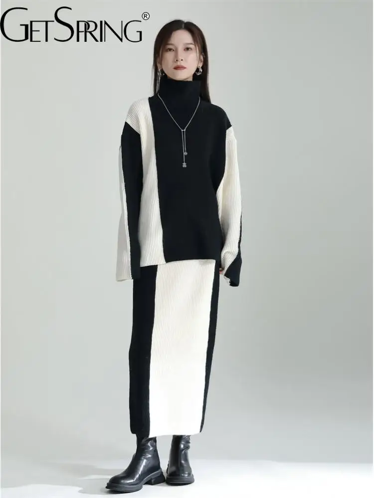 

GetSpring, женские вязаные комплекты с юбкой, сезон осень-зима 2022, вязаный свитер с высоким воротником, свободная длинная юбка, комплект из двух п...