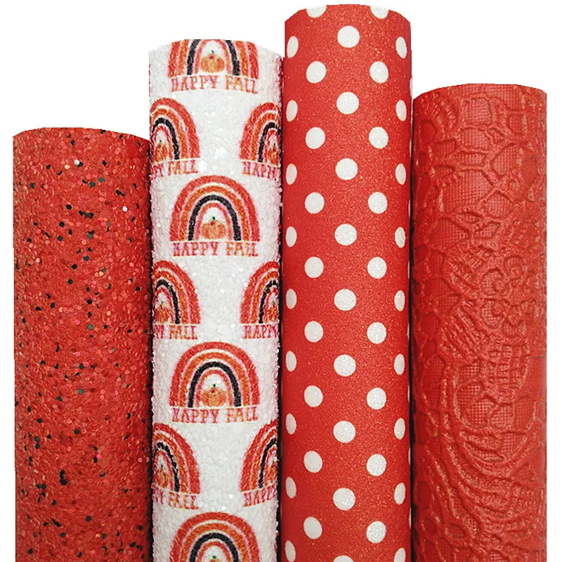 Happy Fall Rainbow Custom Chunky Glitter Leather Sheet Polka Dots Printed Shimmer Lace For Bow DIY 21x29CM Q1425