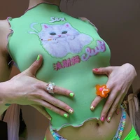 cute persian cat print women t shirt edible tree mushroom green mesh see through tank vest summer sleeveless tops