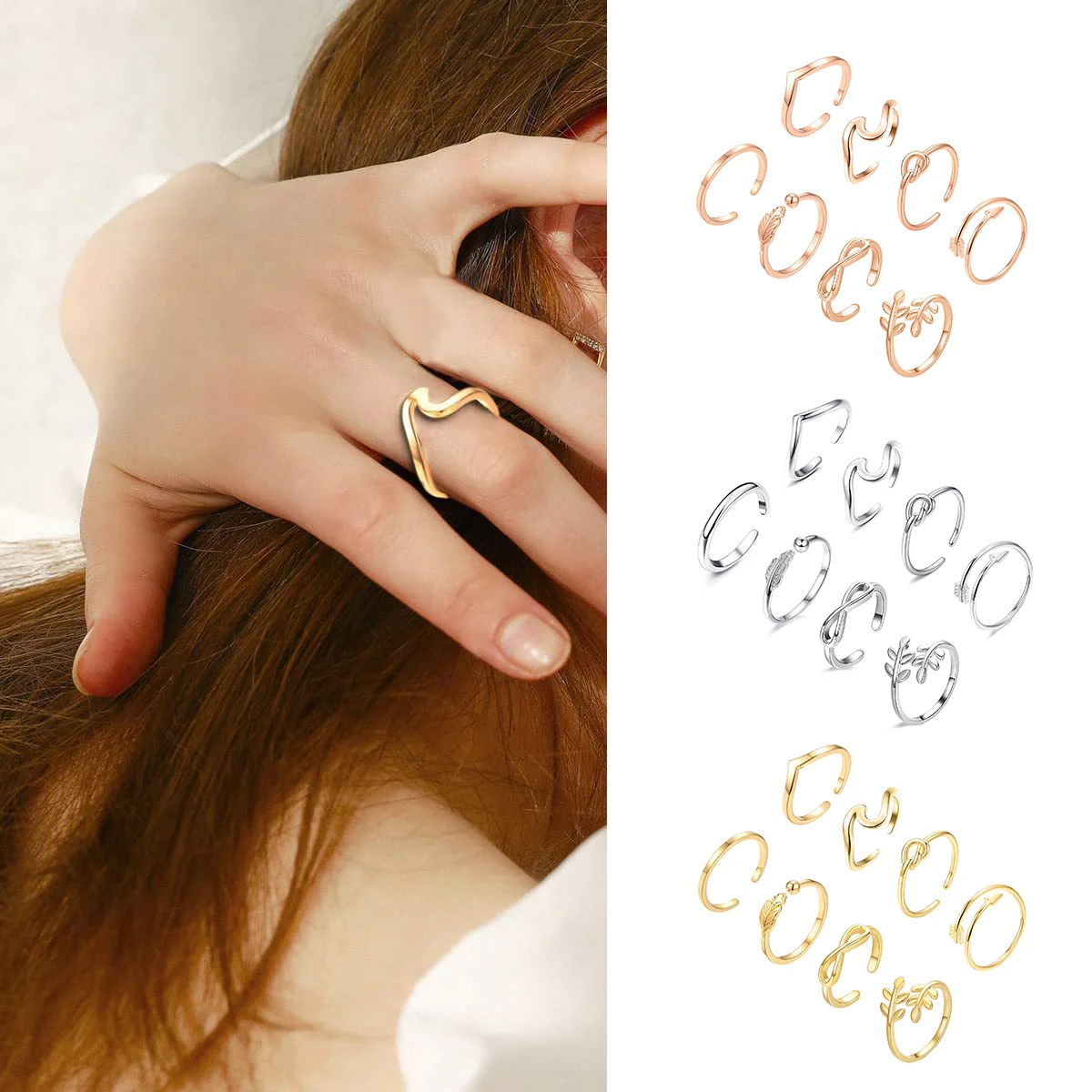 

8 Pieces/Set Punk Ring Set Ladies Simple Personality Rose Arrow Wave Knot Vintage Adjustable Girls Jewelry