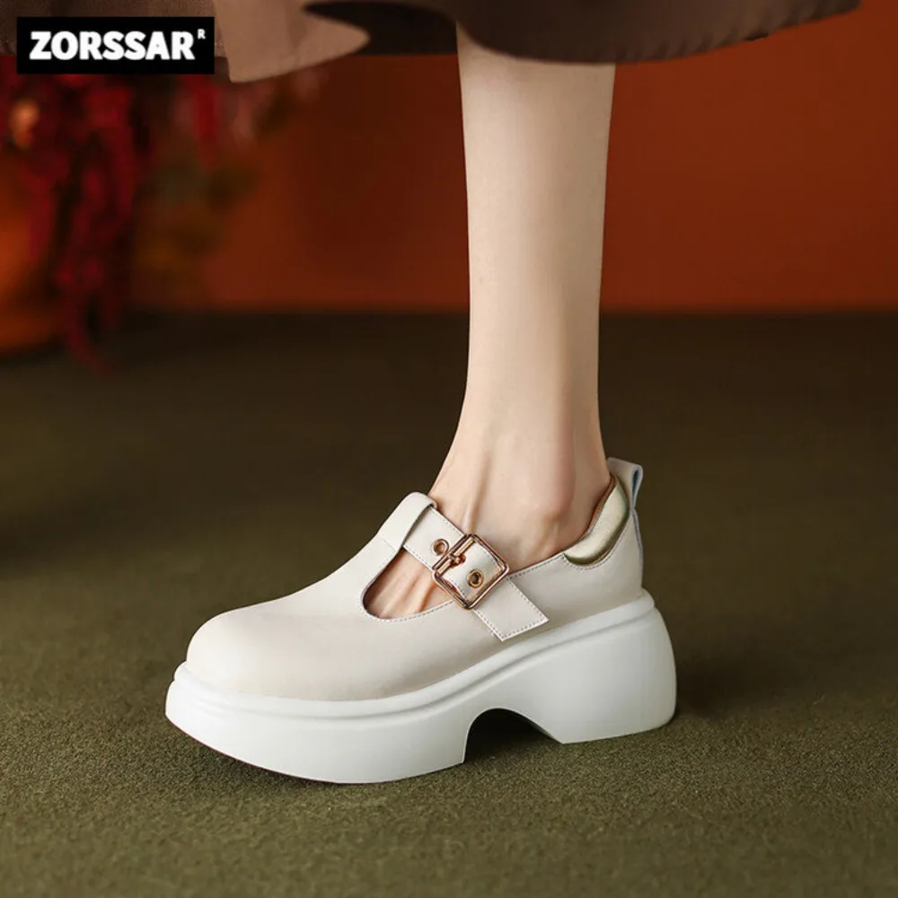 

2023 Genuine Natural Leather Round Toe Thick Bottom Slip on Platform Sneakers Solid Concise Style Casual Women Vulcanized Shoes