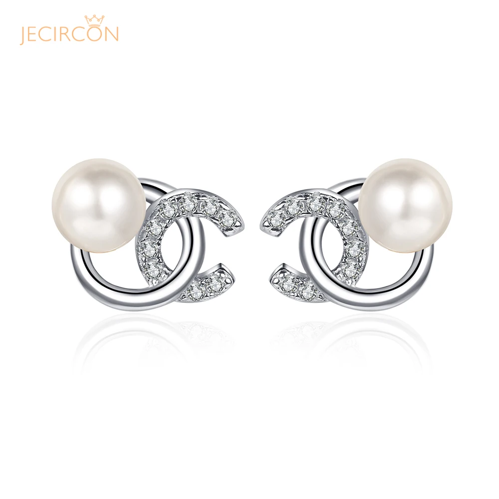 

JECIRCON 0.18 Carat Moissanite Earrings for Women 7MM Flawless C-shaped Natural Pearl Ear Studs 925 Sterling Silver Fine Jewelry