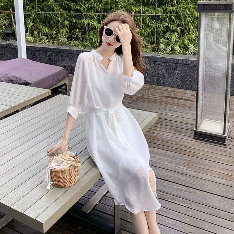 Sets Woman Two-piece of Shirt Dress Transparent Korean Style Fashion Prom Loose Tulle Summer Dresses 2022 Light Party Midi White