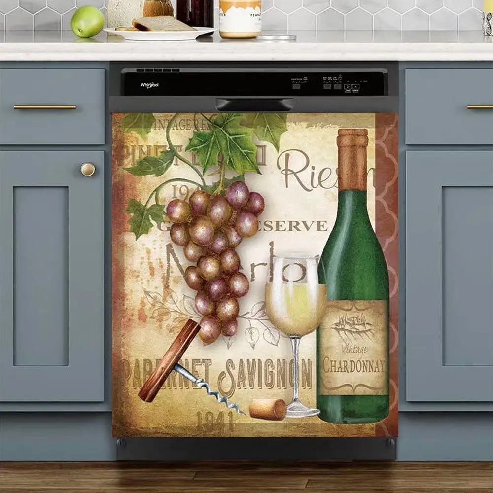 

Retro Vineyard Magnet Dishwasher Cover Wine Kitchen Decorative, Grapes Fridge Panel Decal Cover Dishwasher Stickers, Retro Viney