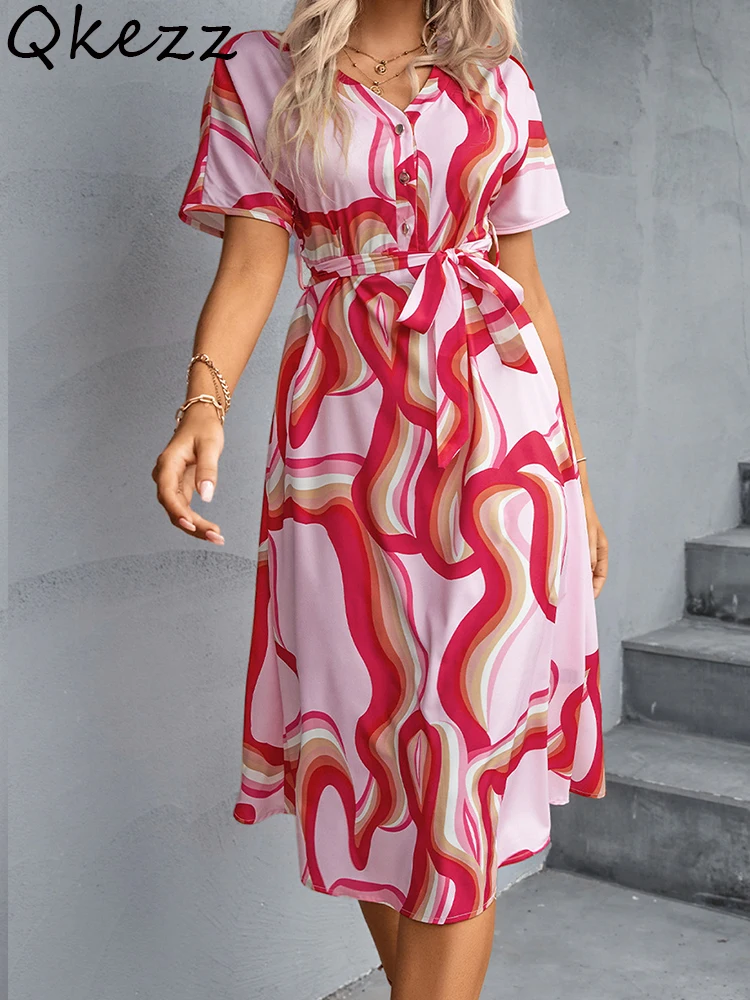 

Qkezz Elegant Printed Dresses Women V Neck Summer Dress Patchwork Tie Short Sleeve Ripple Button Boho Holiday Pink Robe 2022