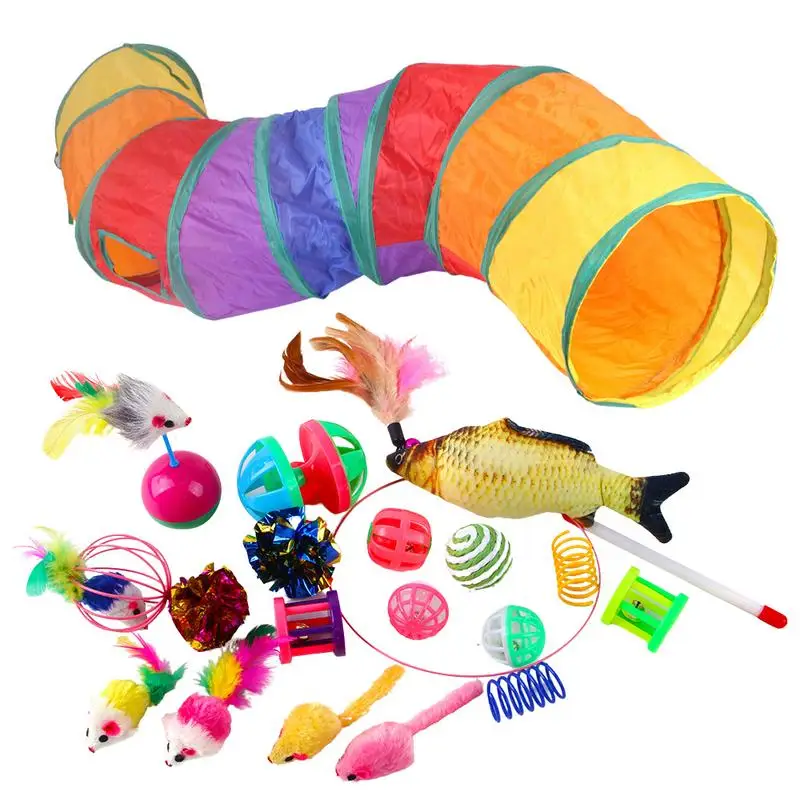 

20pcs Cat Channel Value Bundle Collapsible Tunnel Cat Toy Funny Cat Stick Mouse Supplies Fun Channel Feathers Balls Mice Shape