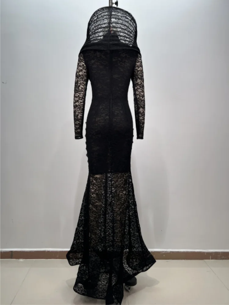 Элегантное Вечернее Платье-русалка черного цвета женское кружевное модное