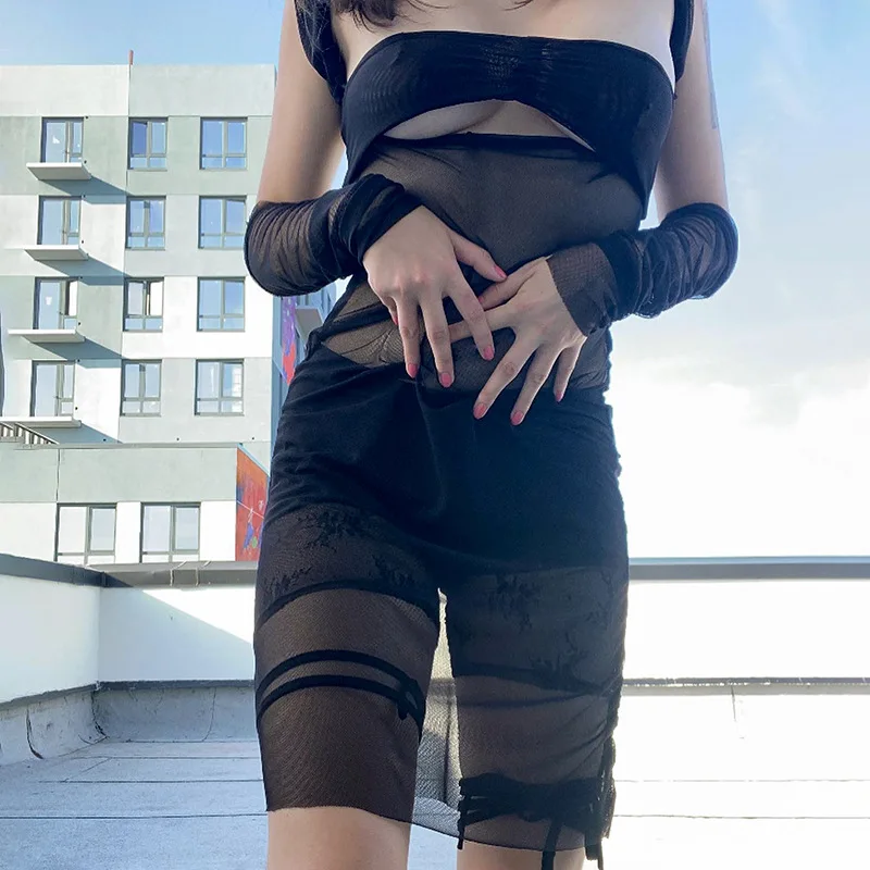 

Пикантное Сетчатое Прозрачное мини-платье E-girl с рукавами, Пляжное бикини, накидки, винтажные прозрачные облегающие платья с запахом на груд...