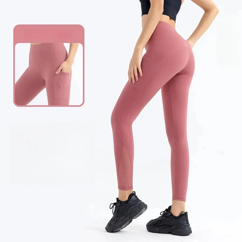 

Autumn and Winter New Mesh Yoga Pants Women's High Waist Slimming Raise Pocket Sports Pants Breathable Quick-Drying Outerwea