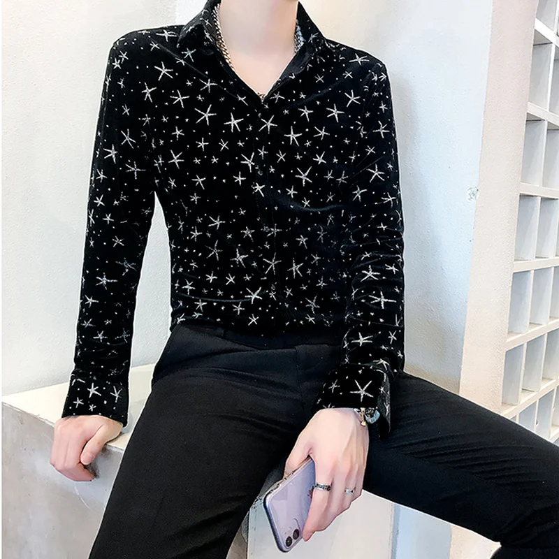 Velvet Men Shirts 2021 Autumn Winter Long Sleeve Luxury Tuxedo Dress Shirt Vintage Casual Slim Fit Shirt Plus Size Male Clothing