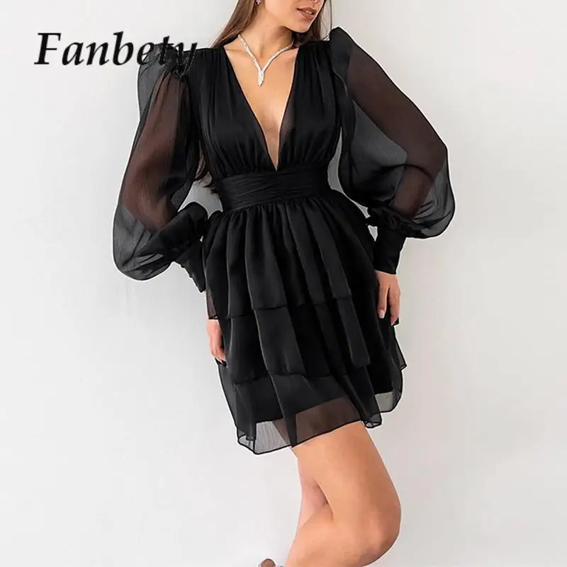 

Chic Temperament Pleated Mini Dresses 2023 Autumn Winter New Lady Bubble Sleeve Dress Women V-Neck Commuter Ruched A-Line Dress