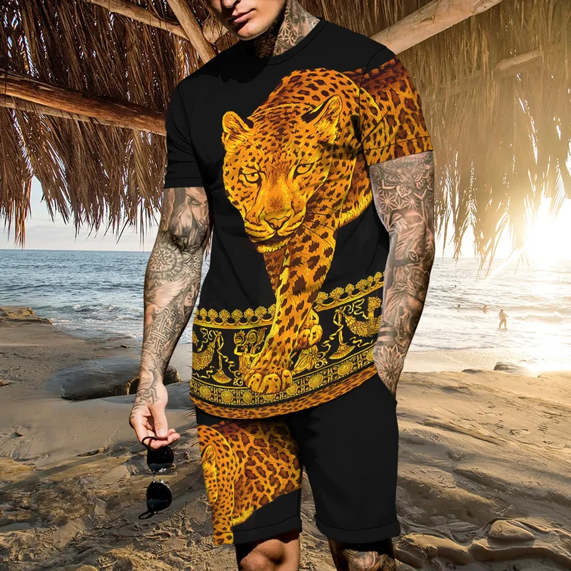 Oversized Summer Sports Suit Men's Short Sleeve T-Shirt 2-Piece Hawaiian Vacation Tracksuit Short Pant Set Fashion Leopard Print