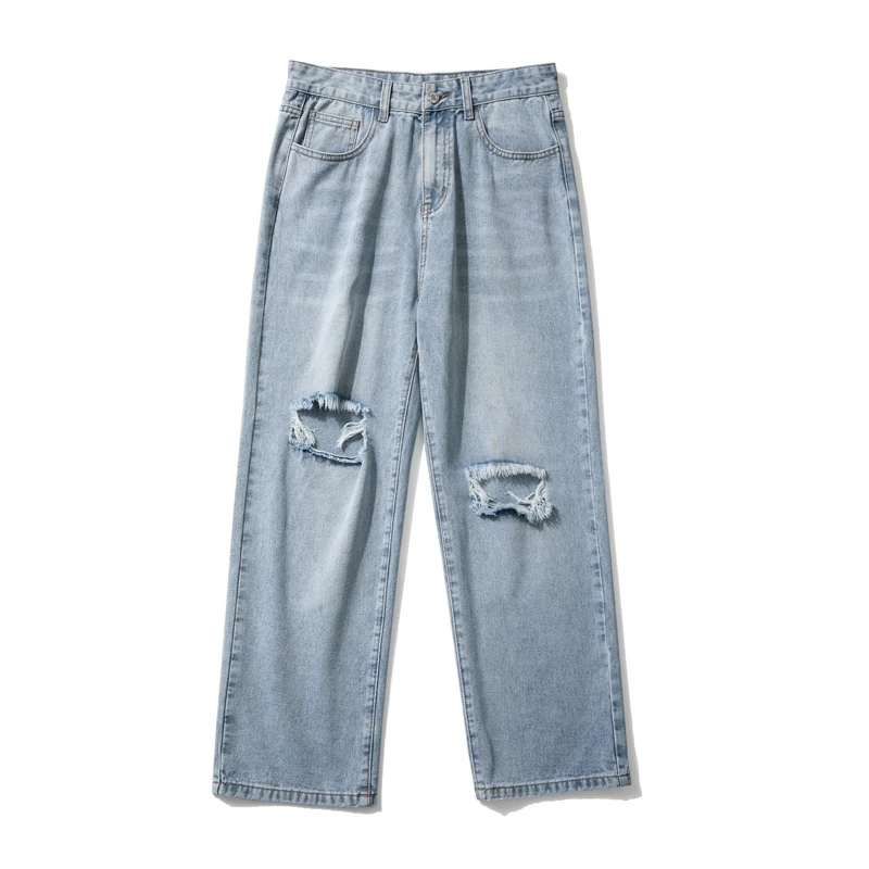 Classic Style Men's Straight Loose Fit Light Blue Jeans Spring and Summer New Korean Fashion Cropped Denim Wide Leg Pants