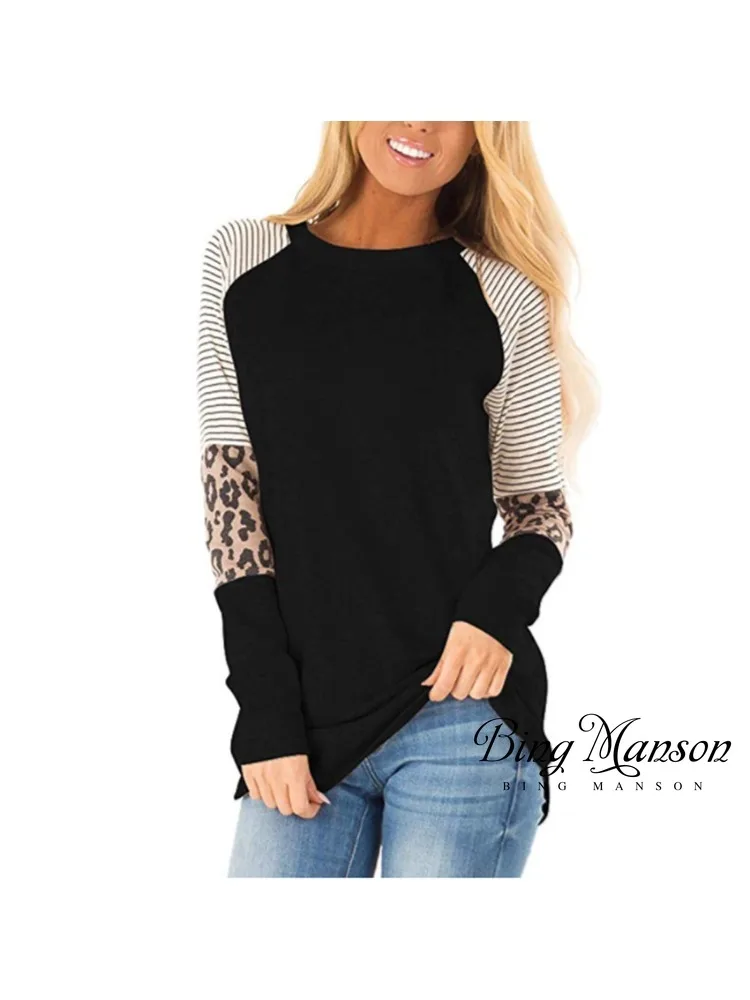 Autumn Women's New Fashion Top Leopard Pattern Contrast Stripe Round Neck Loose Long Sleeve T-shirt Versatile Top Women's Wear