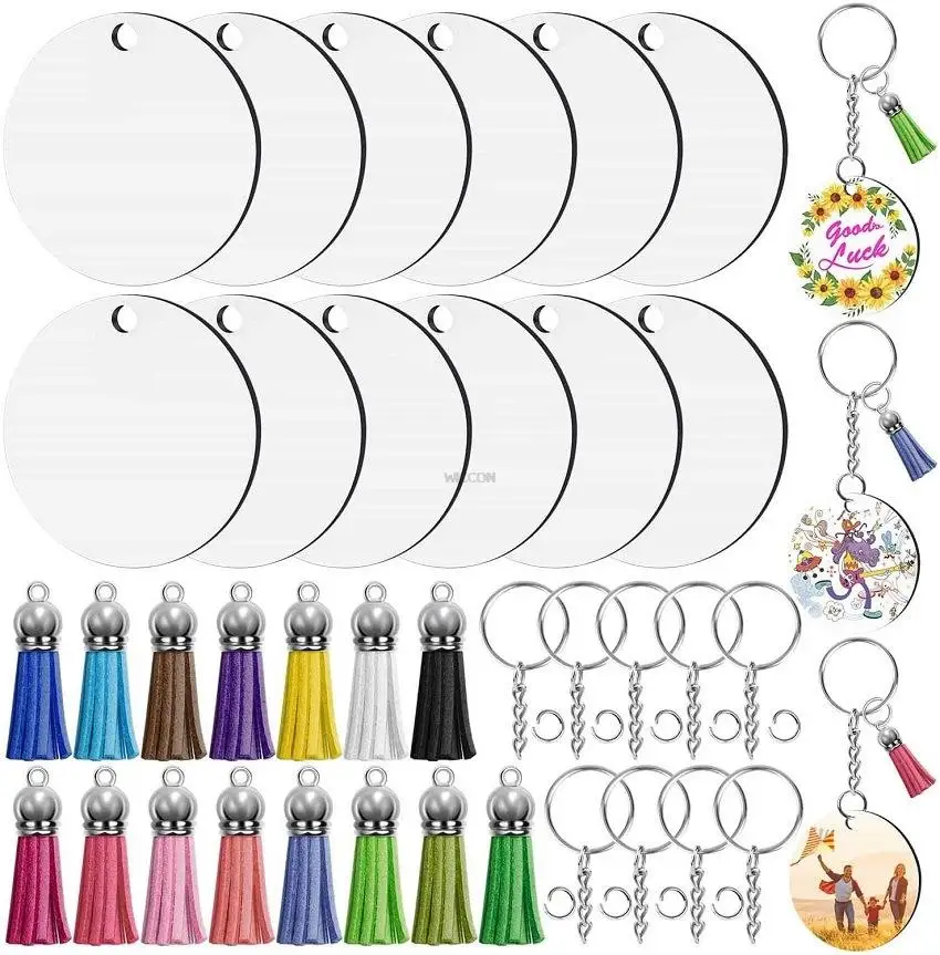 

30Pcs Diy Keychain Multi-coloured Tassel Pendant Round Acrylic Key Chain Metal Keychain Ring Set Accessories