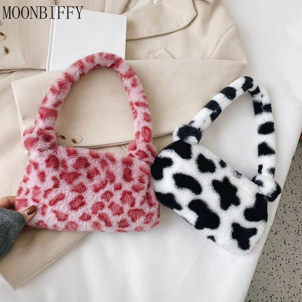 

Women Cow Print Mini Shoulder Bags Female Winter Plush Underarm Bags Leopard Zebra Pattern Fluffy Tote Bags Small Purses Bolsos