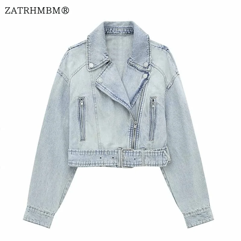 

ZATRHMBM Women 2023 Autumn New Fashion Biker Denim Jacket Coat Vintage Long Sleeves Zip Fly Chic Outerwear Stylish Tops