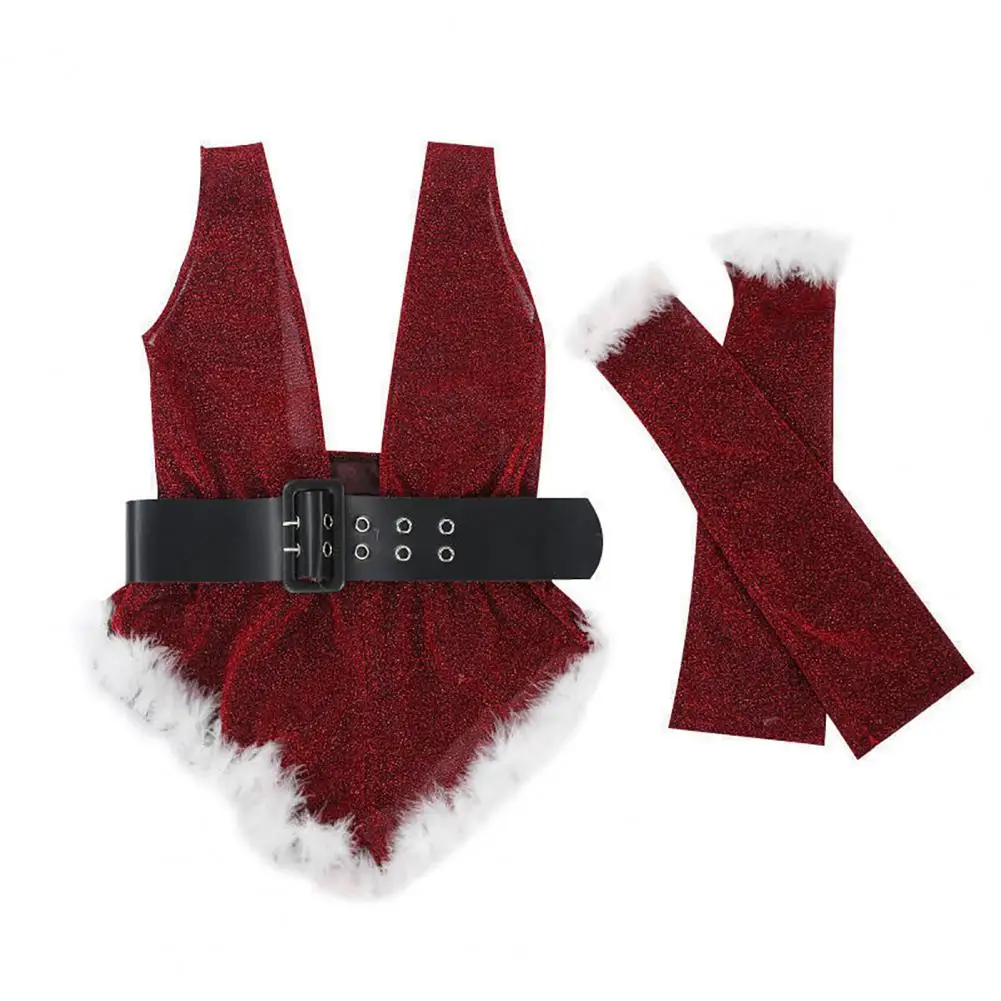 

1 Set Bodysuit Set Deep V Neck Christmas Party Bodysuit Set Sleepwear Xmas Club Bodysuit Set with Gloves And Belt