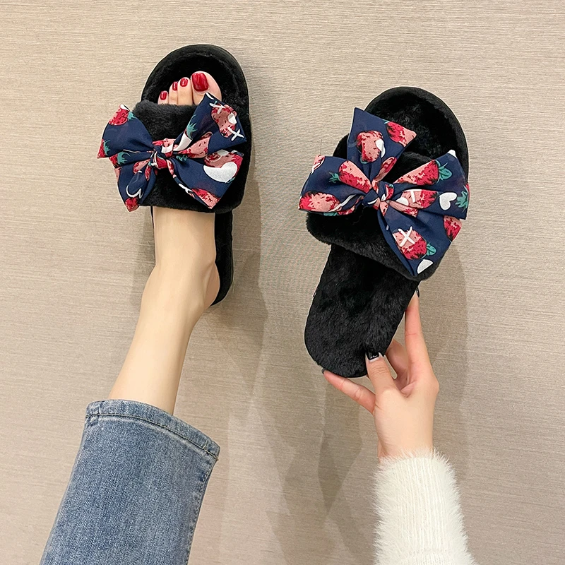 Fairy Bow Cotton Slippers Women 2021 New Spring and Autumn Outer Wear One-on-one Fashion Plush Slippers Women's Shoes