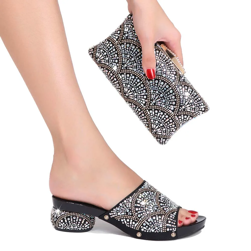 2022 Womens Shoes Spring Rhinestone Fashion Slippers Banquet Wedding Summer Party Crystal Large Bag Shoes Set Africa Nigeria