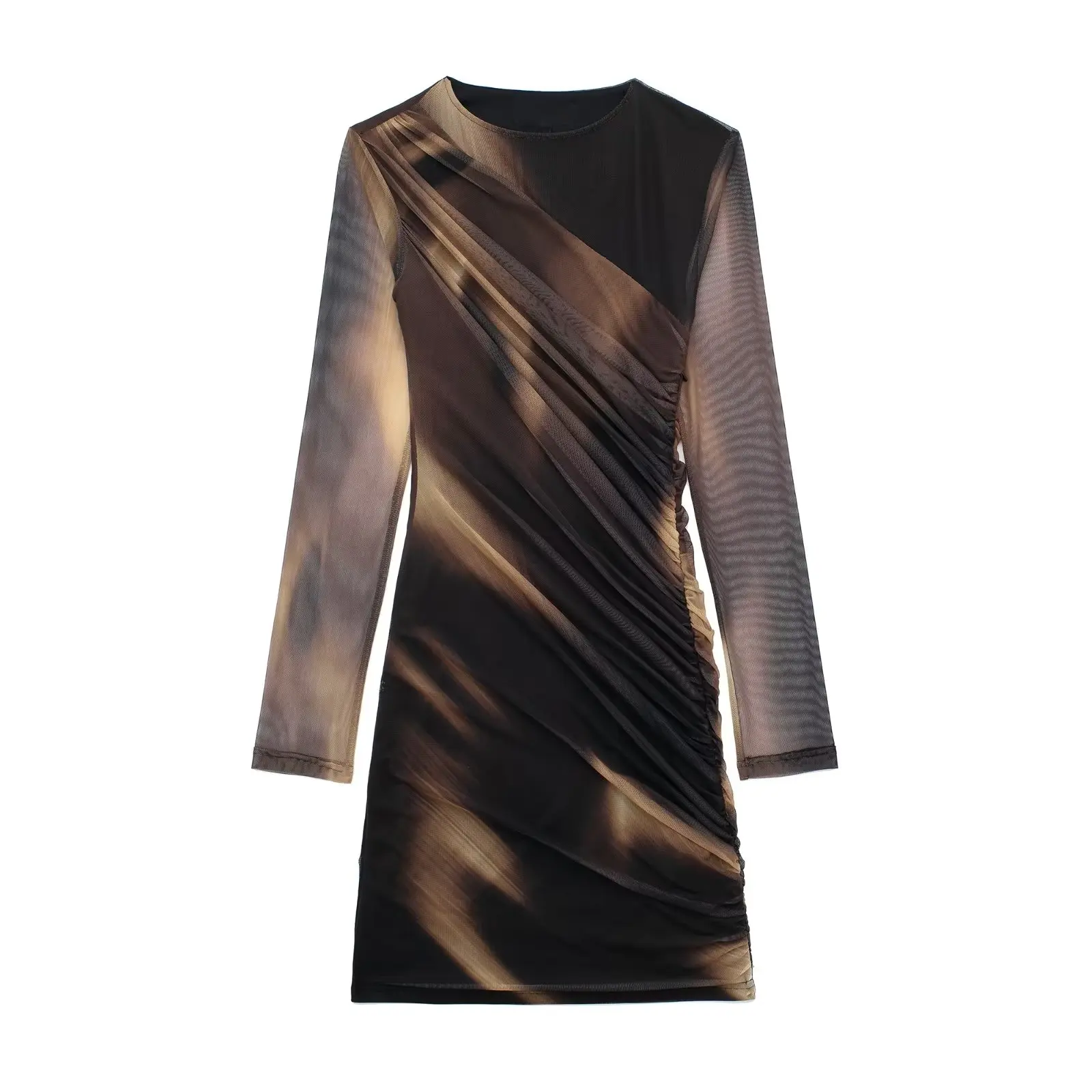 

Платье-мини женское Плиссированное с длинным рукавом и круглым вырезом