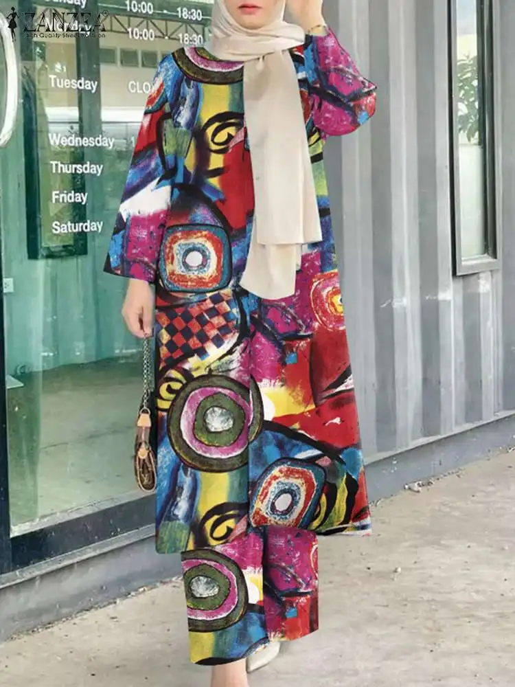 

2PCS Women Autumn Dubai Turkey Abaya Hijab Pants Sets ZANZEA Vintage Floral Printed Muslim Sets Casual Loose Islamic Clothing