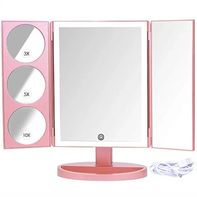 

NEW xlarge vanity mirror with lights | extravagant trifold led lighted makeup mirror with 3x 5x 10x magnification & bonus usb ca