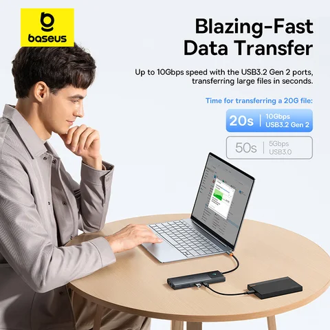 Baseus USB C HUB Dual HDMI 8K 4K Адаптер 10-в-1 USB 3.2 Разветвитель 10 Гбит/с с RJ45 SD TF Type C PD 100 Вт для MacBook Pro Air HUB