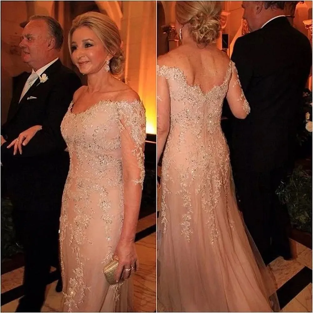 

Champagne Evening Gowns A Line Lace Beaded V Neck 4/3 Sleeve Mother Of The Bride Dresses Plus Size Vestidos De Novia Strapless