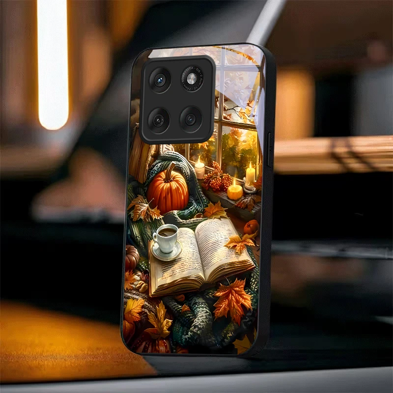 Фото Чехол для телефона из черного стекла с осенним декором для Motorola Moto Edge 60 70 20 Lite 30 Pro 40 50 Ultra G45 G54 G55 75 84 №2