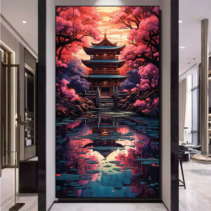 Набор для вышивки крестиком с романтической фантазией, храм сакуры, алмазная 5D Вышивка своими руками, пейзажи, полная вышивка, мозаика G151