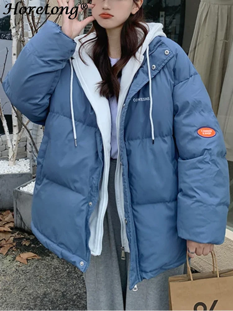 

Зимние куртки с капюшоном Horetong, парные куртки с имитацией двух частей, пальто с длинным рукавом и хлопковой подкладкой, корейское повседнев...
