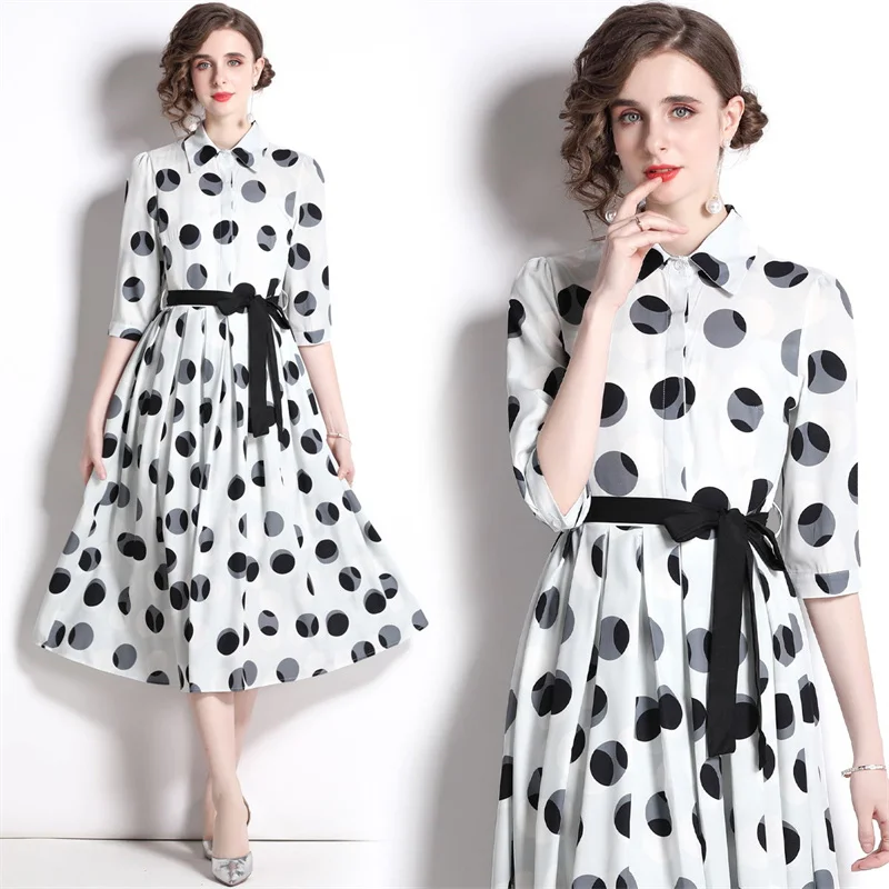 

New Autumn Women Chiffon Half Sleeve Feminino Dresses White Color Black Polka Dot Printed Big Wave Bandage Tunic Midi Vestidos