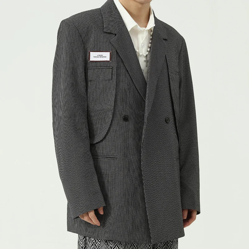 Мужской двубортный блейзер в клетку белый или черный пиджак Корейском стиле