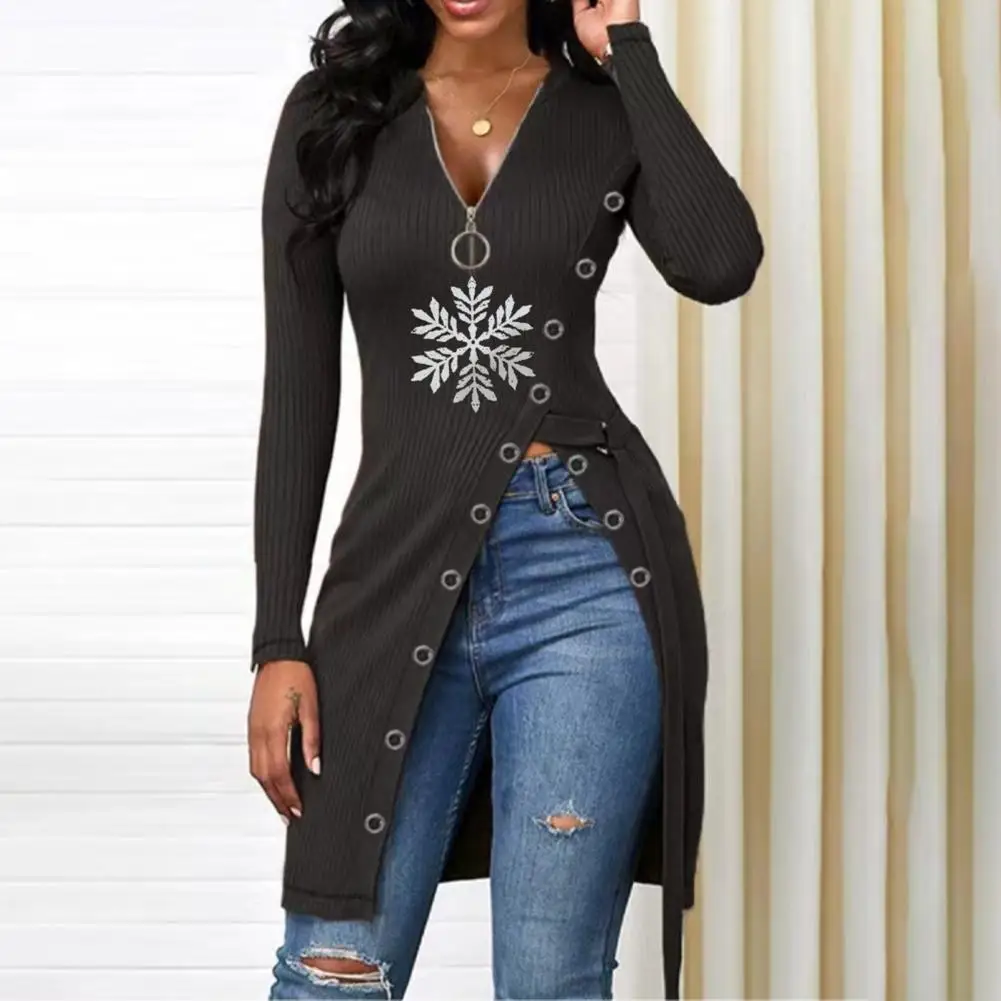 

Ladies Blouse Zipper Neckline Pullover Top Split Irregular Pullover Blouse