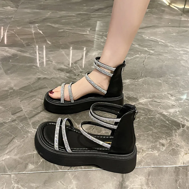 2023 Sandals Female Shoe Med Clogs Wedge Muffins shoe Clear Heels Open Toe New Girls Fashion Beige Medium Platform Rhinestone