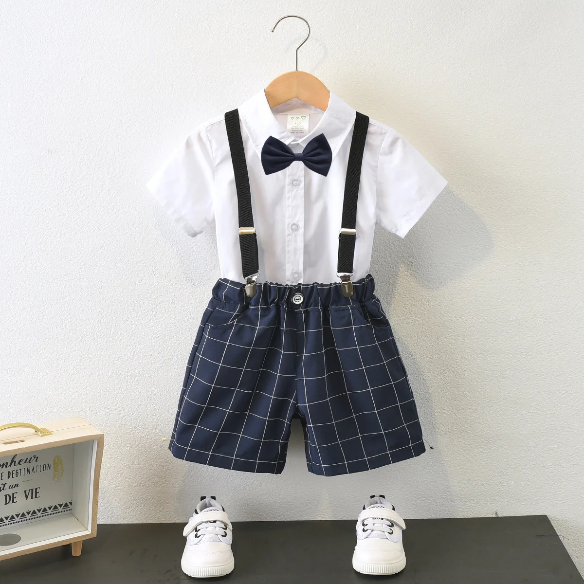 

Children Clothing Sets Baby Boy Clothes Toddler Solid Shirt Plaid Suspender Pants Suit Infant Banquet Dress Kids Party Outfits