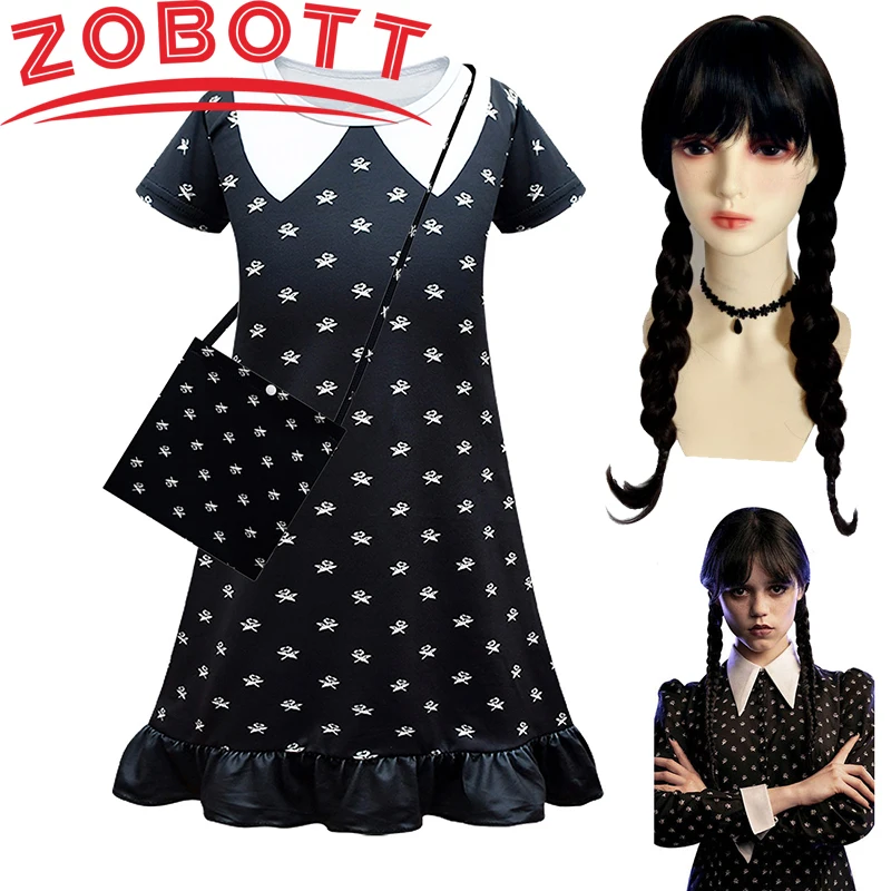 

110-160 Wednesday Addams Dress Bag Wig Cosplay Costume Outfits Halloween Carnival Suit For Girls Kids Children